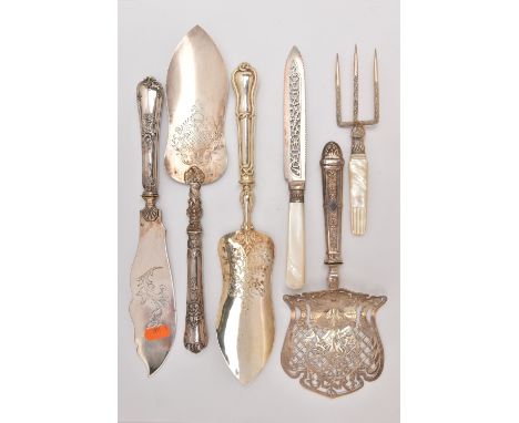 ASSORTED CONTINENTAL CUTLERY PIECES, to include a French asparagus server, stamp mark to the handle, two possibly pastry serv