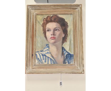 MARGARET MOSTYN (BRITISH 1893-1979) 'SUE', A PORTRAIT, a head and shoulders portrait of a female figure wearing a blue and wh