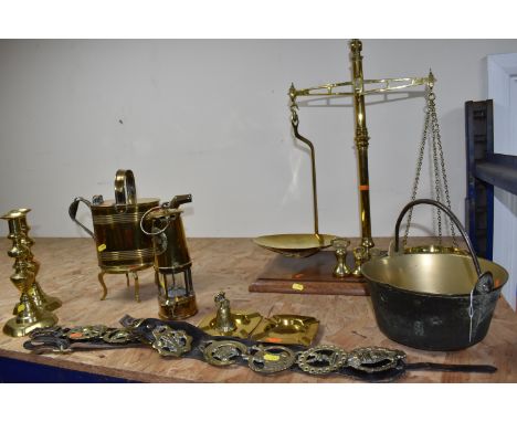 A GROUP OF BRASS ITEMS, included a large set of weighing scales on a wooden base, with six brass weights, measurement are app