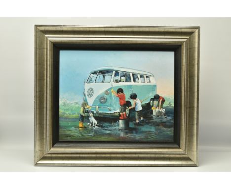 KEITH PROCTOR (BRITISH 1961) 'THE DREAM TEAM', a signed limited edition print on board depicting children washing a VW camper