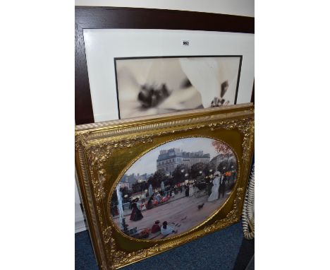 SIX DECORATIVE PRINTS, comprising Christa Kieffa print 'Parisian Promenade' in a gilt frame, approximate size 66cm x 76cm inc