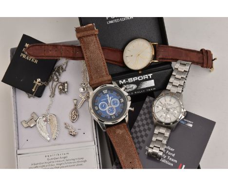 A BOX OF ASSORTED ITEMS, to include three white metal pendants stamped 925, a boxed 'Equilibrium' pendant necklace, a gents s