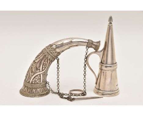 A SILVER CANDLE SNUFFER AND A VICTORIAN CORNUCOPIA SCENT BOTTLE, the candle snuffer hallmarked 'Guild of Handicraft' London 1