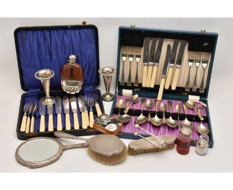 A BOX OF ASSORTED ITEMS, to include a pair of silver tapering posy vases, gadrooned rims and round weighted bases, each piece
