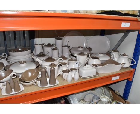 A LARGE QUANTITY OF POOLE POTTERY, over one hundred pieces, mainly Twin tone in Sepia and Mushroom colourway, to include ture