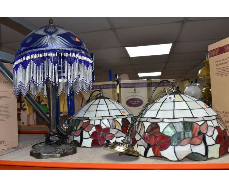 A TABLE LAMP AND TWO CEILING SHADES, comprising a modern art nouveau style table lamp base, with bead fringed blue cut to cle