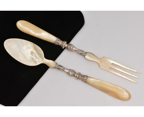 A PAIR OF CARVED MOTHER OF PEARL AND FRENCH SILVER SALAD SERVERS, carved and polished salad fork and spoon, both with polishe