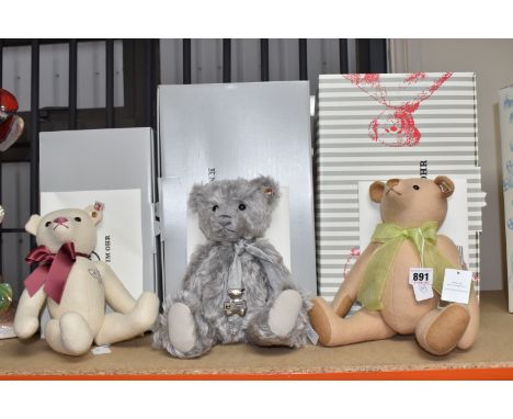 THREE BOXED STEIFF CLUB EDITION TEDDY BEARS, comprising 'Steiff Club edition 2017' no 421396, in grey mohair, wearing a grey 