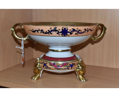 A JAPANESE NORITAKE PEDESTAL BOWL WITH STAND with gilt textured bands and floral patterns to the interior, two gilt handles (