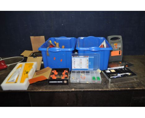 TWO TRAYS CONTAINING TOOLS including a Dremel gas soldering iron kit, a Halfords car battery charger (both UNTESTED), a Miche