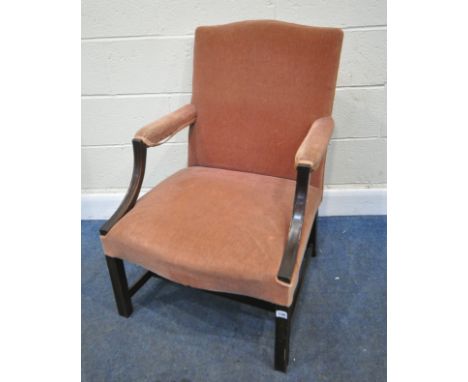 A 20TH CENTURY MAHOGANY FRAMED GAINSBOROUGH CHAIR, with shaped open armrests, and pink upholstery, width 64cm x depth 69cm x 
