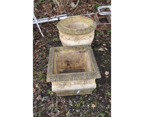 TWO WILLOWSTONE GARDEN PLANTERS, with rose and petal details to sides, the circular planter height 48cm (2). Condition Report