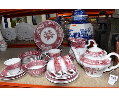 A TWENTY THREE PIECE SPODE 'PINK CAMILLA' DINNER SERVICE AND A SPODE 'TOWER' COVERED VASE, the vase of hexagonal form, height