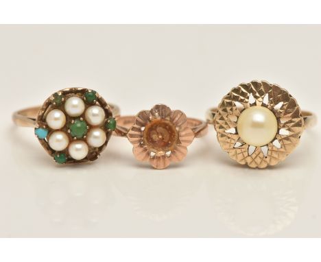 THREE 9CT GOLD RINGS, to include a cultured pearl ring, ring size Q, a cultured pearl and turquoise cluster ring, ring size O