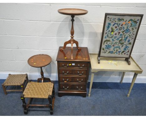 A MAHOGANY MEDIA CABINET, width 45cm x depth 41cm x height 71cm, a painted folding tray table, a fire screen, a pair of tripo