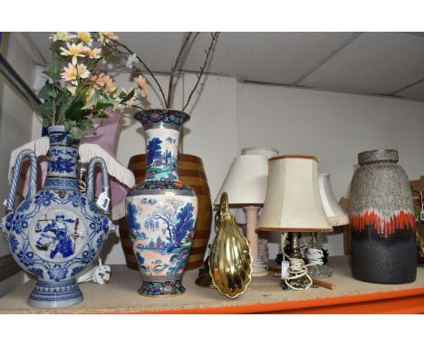 A GROUP OF LARGE VASES AND LAMPS, to include a West German pottery vase in browns, greys and red detail, no. 553-38, height 3