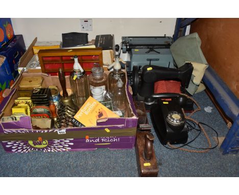 TWO BOXES AND LOOSE VINTAGE MISCELLANEOUS ITEMS, to include a 70 Imperial 70 typewriter, Popular cylinder shuttle sewing mach