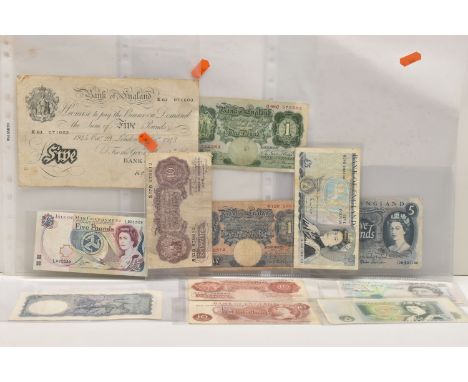 A QUANTITY OF UK BANKNOTES, to include a Bank of England White £5 London Oct 29 1945 (has folds and soil) K63, a July 1961 L 