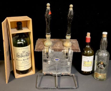 Breweriana - a pair of Bass beer taps/pumps, mounted as one; a large 6 litre wine bottle, Chateau Haut-Capron, Bordeaux; a ha