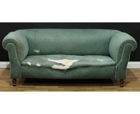 A late Victorian drop arm sofa, 75cm high, 200cm wide, the seat 129cm wide and 55cm deep 