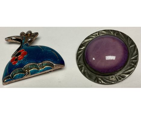 An Art Deco enamel brooch, as ballroom dancers; a Ruskin type brooch (2) 
