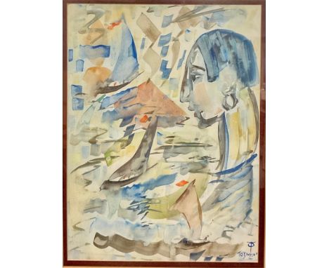 Thomas O'Donnell (Irish School)  Modernist Portrait  signed, watercolour, 38.5cm x 29cm 