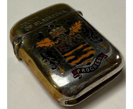 A Novelty armorial enamel vesta, County Borough of Blackpool, Official Memento Visit of the Channel Fleet 9-10-11th August 19