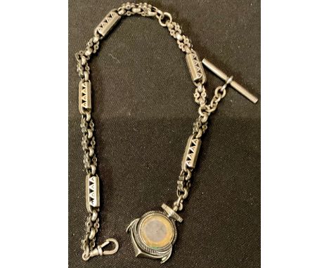 A Victorian silver coloured metal fancy link Albert chain, with anchor compass fob 