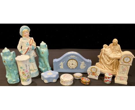 A Wedgwood Japerware mantel clock;  a similar trinket box;  Aynesley Wilkd Tudor vase;  three Staffordshire enamel trinket bo