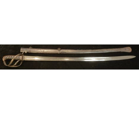 A 19th century sword, single edged blade 89cm in length, leather grip, steel scabbard with two suspension rings, 106cm overal