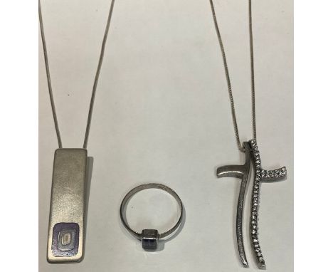 Jewellery - a Modernist silver and enamel pendant necklace, London 2004; a silver and marcasite double pendant necklace; a ri