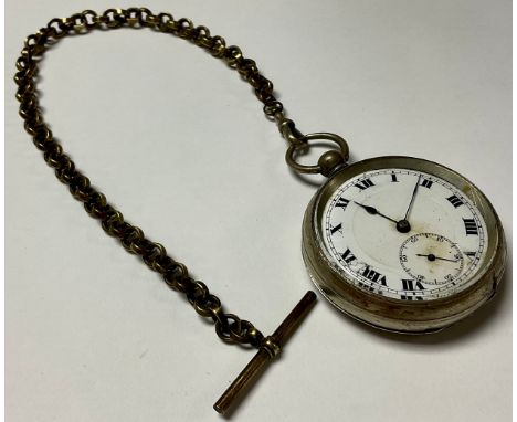 An early 20th century open face pocket watch, Roman numerals of white enamel dial, subsidiary seconds dial, on Albert 