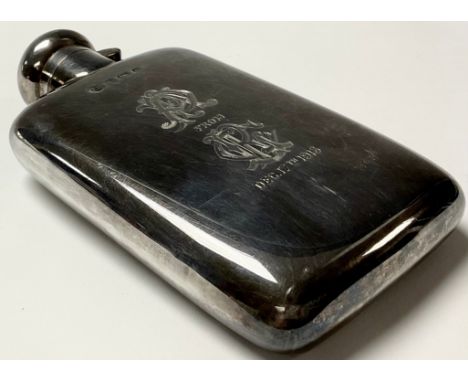 An Edwardian silver hip flask, Birmingham 1903, later engraved, 13.5cm 126g 