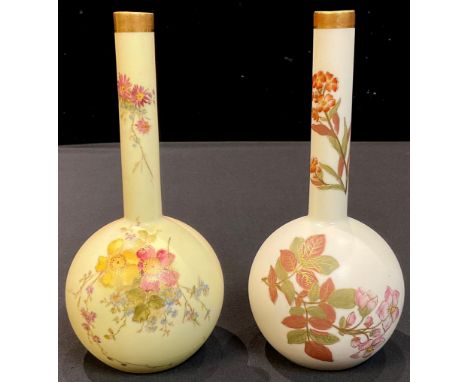 A Royal Worcester blush ivory globular bottle vase, decorated with flowers, picked out in gilt, number 1215, date code for 19