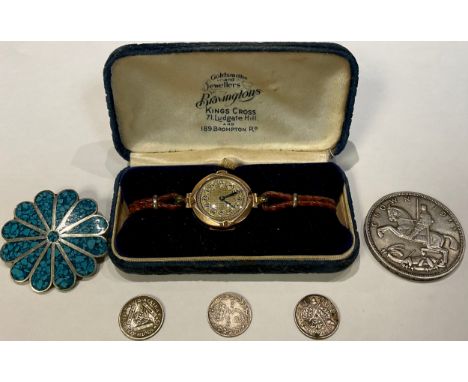 A lady's 9ct rose gold watch, boxed; a silver and enamel brooch; a silver crown coin 1935, three silver sixpences, 32g (6) 