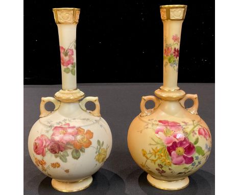 A Royal Worcester blush ivory two handled globular bottle vase, decorated with flowers, number 784, date code for 1909, 18cm 