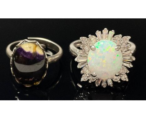 A silver and Blue John set ring, marked Sterling; a silver and opal ring, marked 925 (2) 
