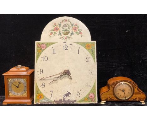 A 19th century long cased clock dial and movement; a Davall mahogany mantel clock; an Edwardian inlaid mahogany mantel clock 