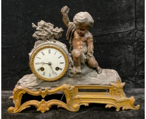 A 19th century French bronzed metal figural mantel clock, white enamel dial, Roman numerals, 8-day Japy Freres movement, the 