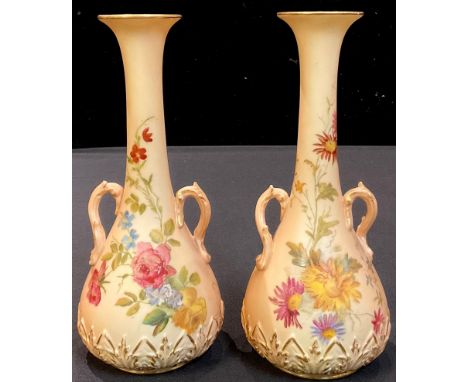 A near pair of Royal Worcester two handled slender ovoid bottle vases, decorated with flowers, picked out in gilt, number 193