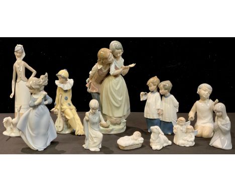 A Lladro figure group, of a Dutch girl and companion, 27cm high, printed mark; another, Goose Girl, 1035; Nao clown;  Nao cho
