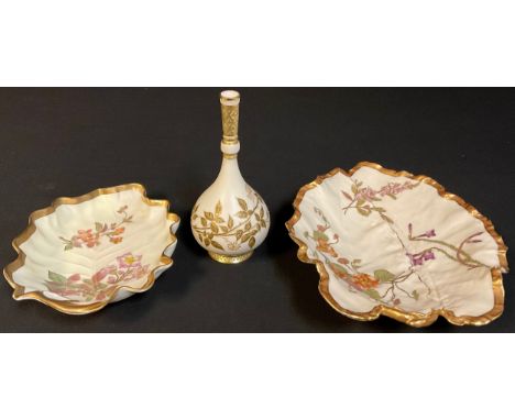 A Royal Worcester Aesthetic Movement bottle vase, decorated in gilt with blossoming leafy branches on a cream ground, date co