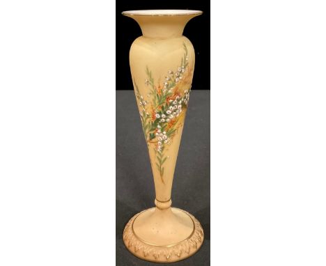 A Royal Worcester blush ivory pedestal vase, painted with heathers, picked out in gilt, shape number 1931, 17cm, printed mark