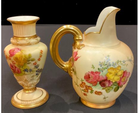 A Royal Worcester blush ivory jug, decorated with flowers, gilded loop handle, 13cm high, number 1094, date code for 1902; a 