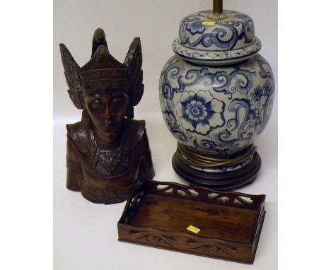 Balinese bust, lamp base and pierced tray. Condition report: see terms and conditions