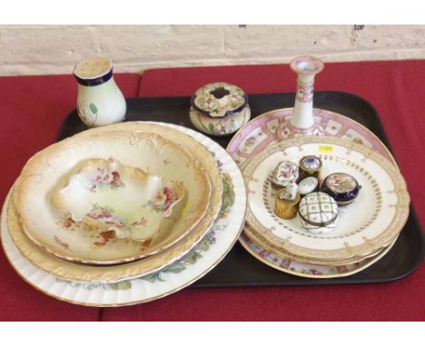 Pair of hand painted floral and gilt cabinet plates, quantity of painted ceramic boxes, L&Co "Nippon" dressing table tray and