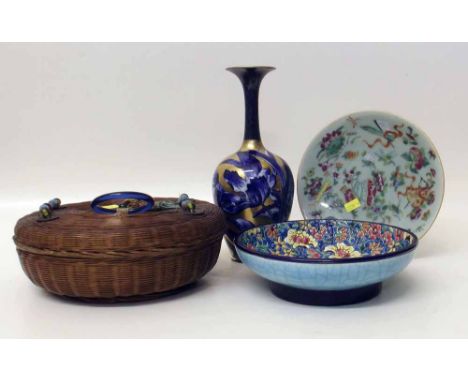 Cobalt blue and gilt BBB posy vase and Emaux Longwy dish, Cantonese plate and Chinese wicker basket. Condition report: see te