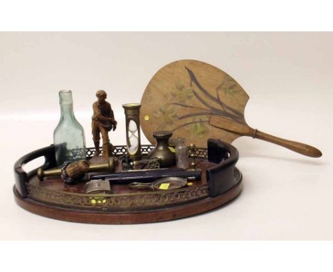 Brass egg timer, brass weight, two pen knives, two Mabie, Todd & Co pens, magnifying glass and galleried tray. Condition repo