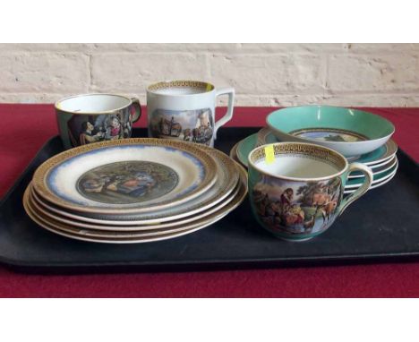 Collection of prattware including a mug, two cups, a saucer and ten plates with blue/green grounds. Condition report: see ter