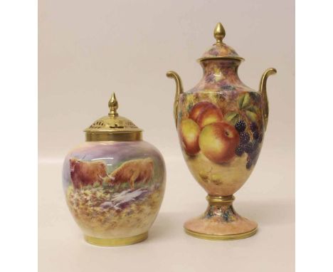 Lidded vase signed by Royal Worcester artist Ray Poole, also a twin handled lidded vase by G. Delaney. Condition report: see 